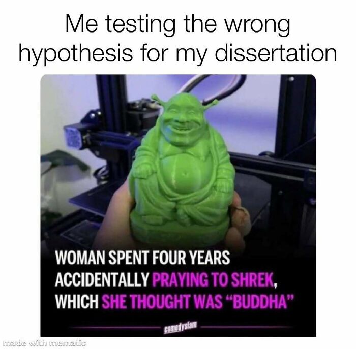 A PhD meme featuring a 3D-printed green Shrek figurine, with a caption below stating 'Woman spent four years accidentally praying to Shrek, which she thought was Buddha.' The meme's caption, 'Me testing the wrong hypothesis for my dissertation,' makes this a relatable PhD meme for students struggling with their thesis.