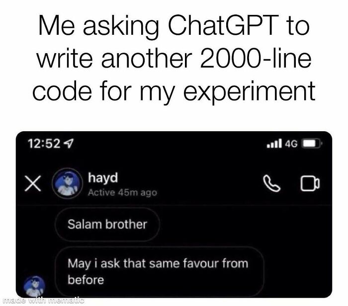 PhD meme about asking ChatGPT for coding assistance for experiments, depicting a chat message requesting a favour for thesis work.