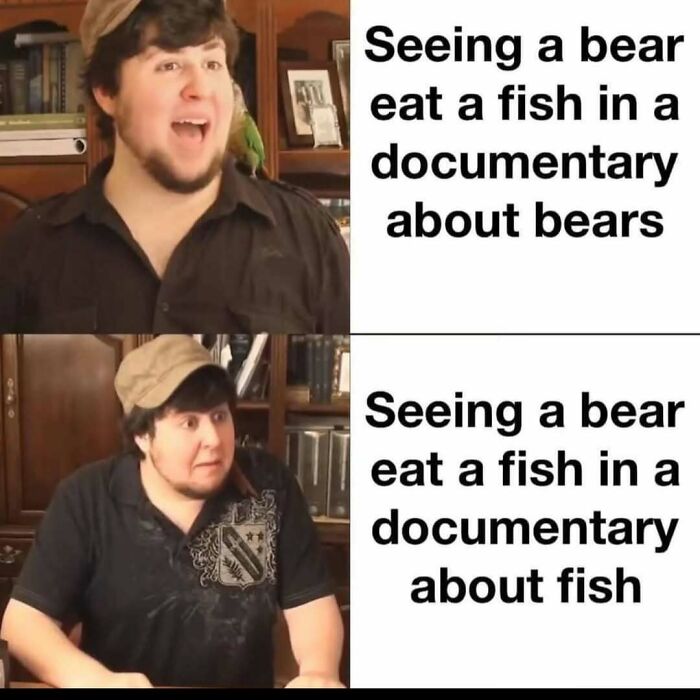 A funny science meme showing a man reacting to a bear eating fish in a documentary.