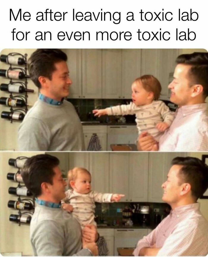 A PhD meme shows a man holding a baby who points from one man to another, symbolizing leaving one toxic lab for another.