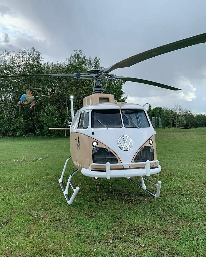 Brilliant designs of a helicopter made from a Volkswagen van, an innovative and beautiful design, highlighting someone's career.