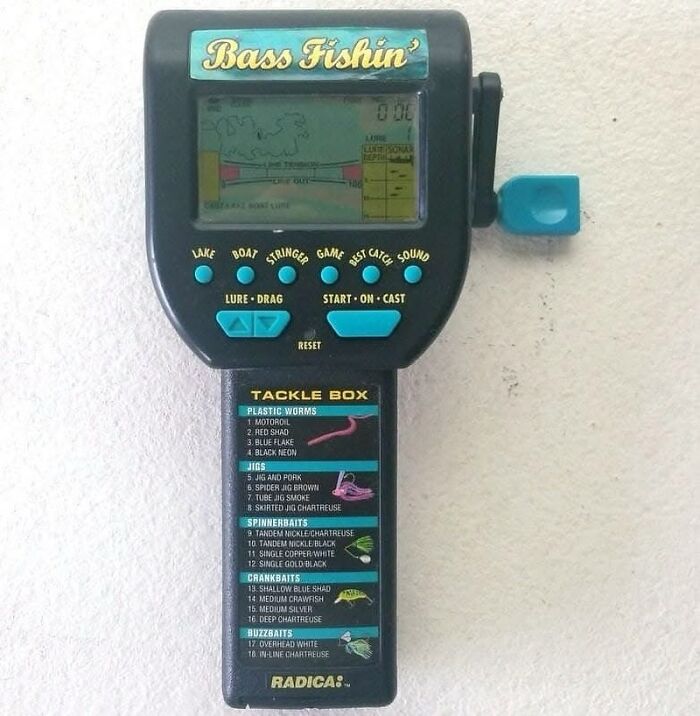 A Radica Bass Fishin handheld electronic game, a classic toy that brings nostalgia to people from the 90s and 00s.