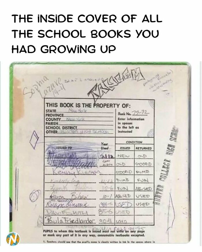 Inside cover of a school book from the 90s and 00s, covered in student names and dates, evoking nostalgia.