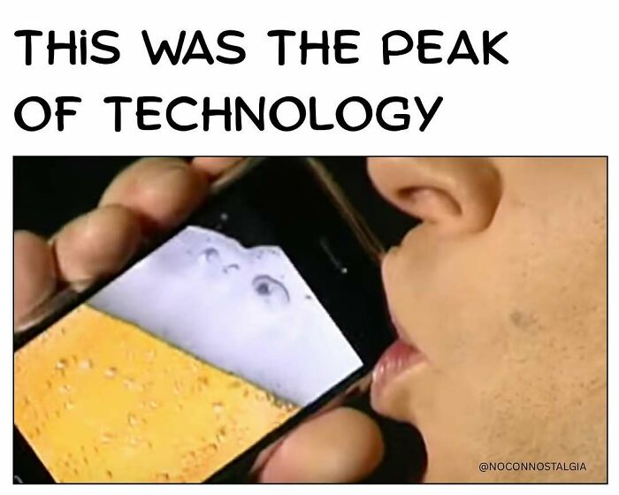 A person pretending to drink beer from a smartphone screen, representing the peak of 90s and 00s technology and nostalgia.