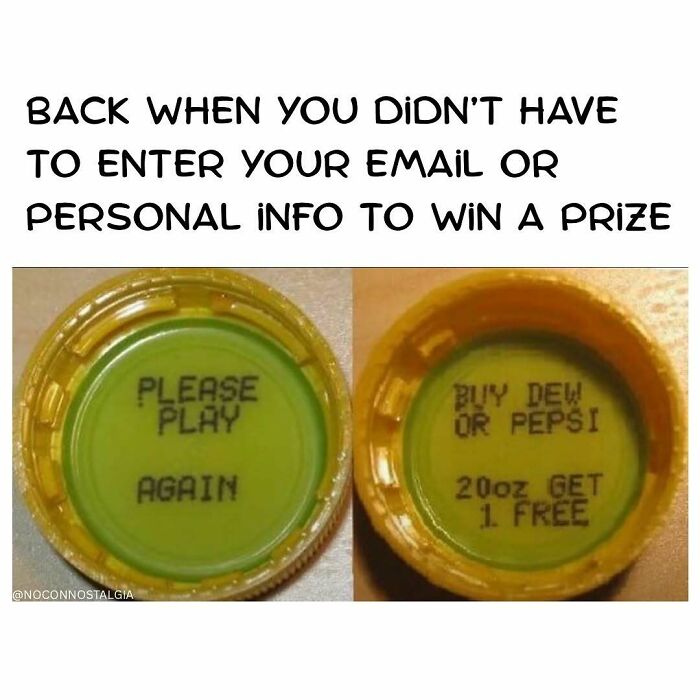 A meme with two bottle caps offering prizes, bringing nostalgia from the 90s and 00s.