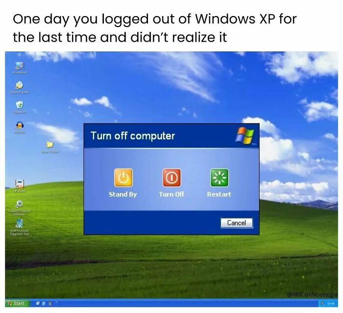 A screenshot of the Windows XP desktop with the Turn off computer dialog box, evoking '90s and '00s nostalgia.