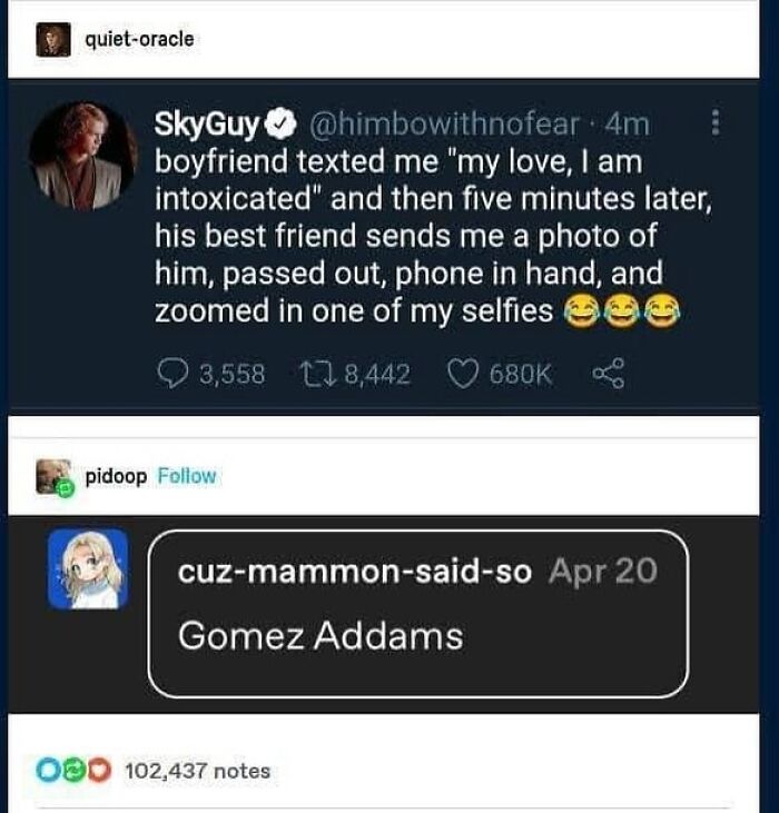A funny Tumblr post about a boyfriend texting he's intoxicated, then being found passed out on a selfie.