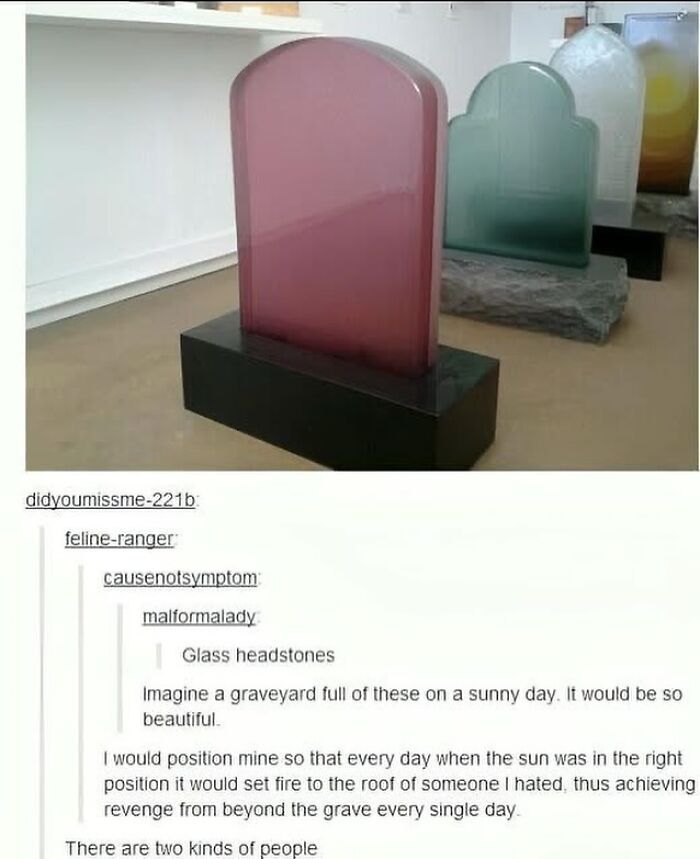 A funny Tumblr post about pink and green glass headstones, with a user commenting on revenge.