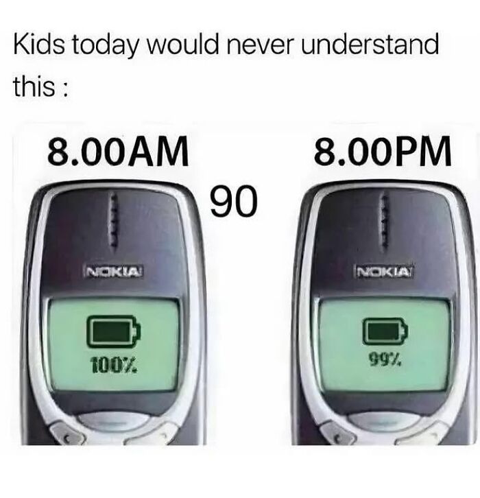 A side-by-side image of two Nokia phones, one at 100% battery at 8 AM, the other at 99% at 8 PM, a pure nostalgia gem.