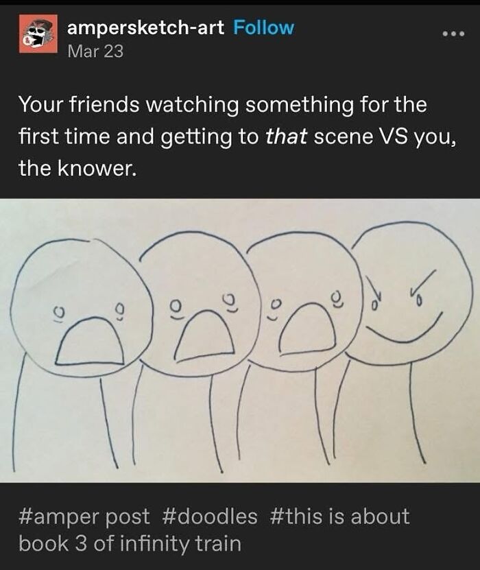 A funny Tumblr post with a drawing of four stick figures; three are scared, one is smiling, representing funny friends reactions.