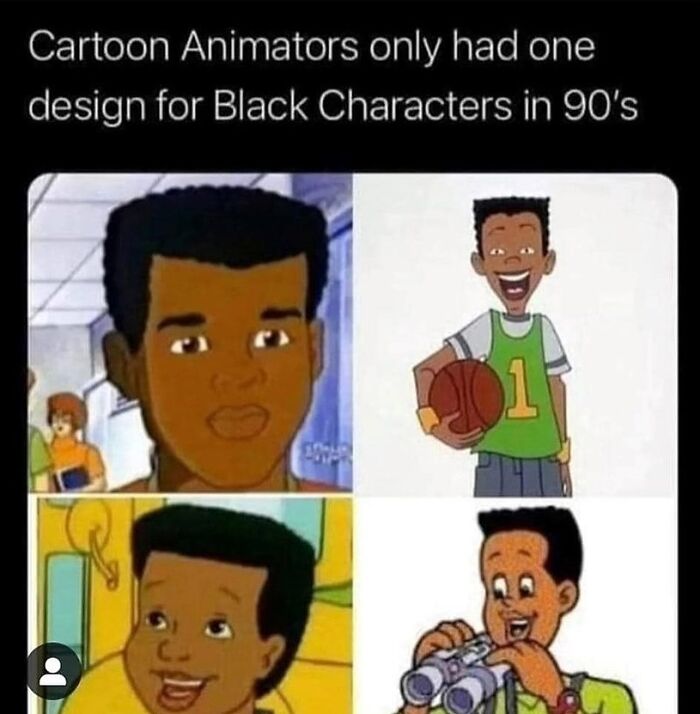 A meme showing four different Black cartoon characters from 90s Saturday mornings, highlighting similar designs and pure nostalgia.