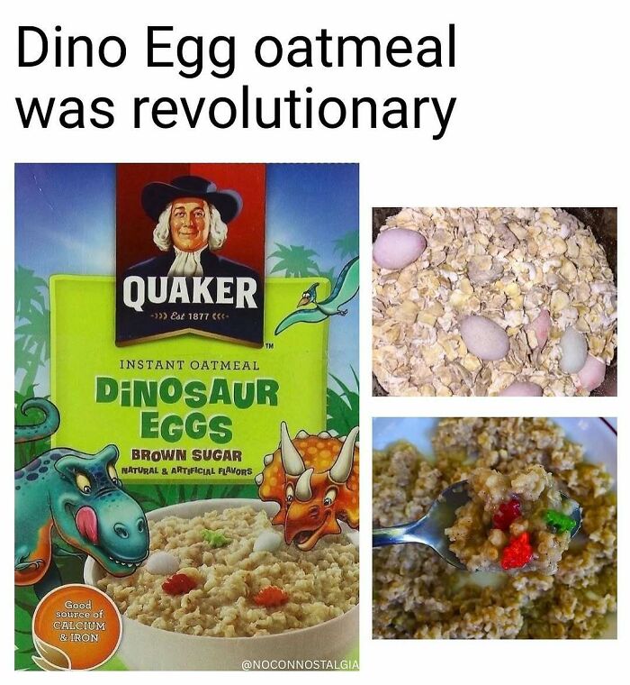 Quaker Dinosaur Eggs oatmeal with colorful 'dinosaur eggs,' a nostalgic breakfast for people who experienced the '90s and '00s.