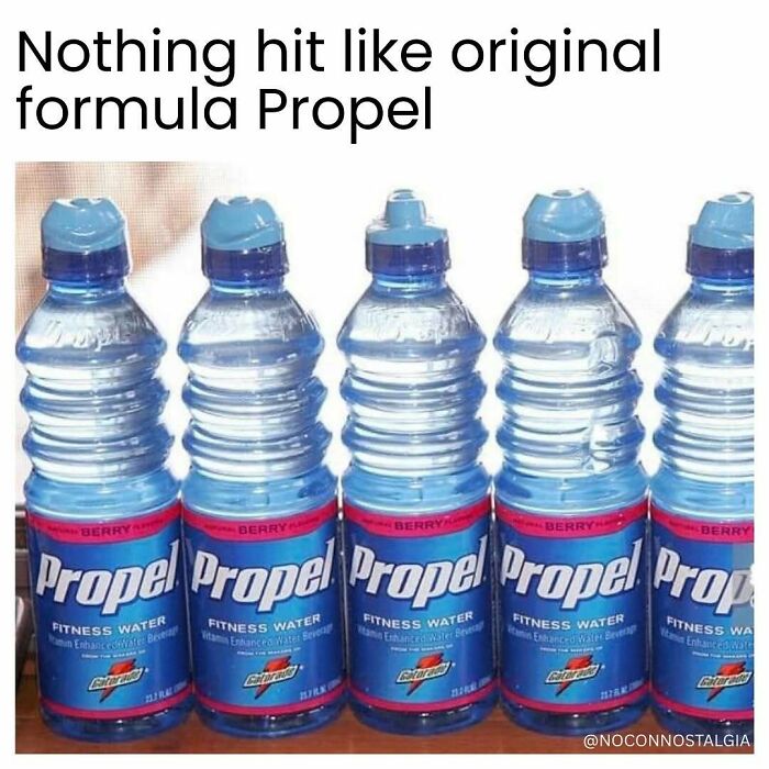 Five bottles of original formula Propel fitness water, a nostalgic drink from the 90s and 00s.