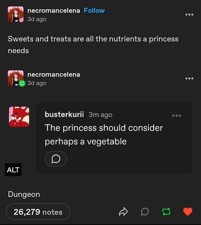 Funny Tumblr post showing a princess enjoying sweets and a suggestion to eat vegetables.