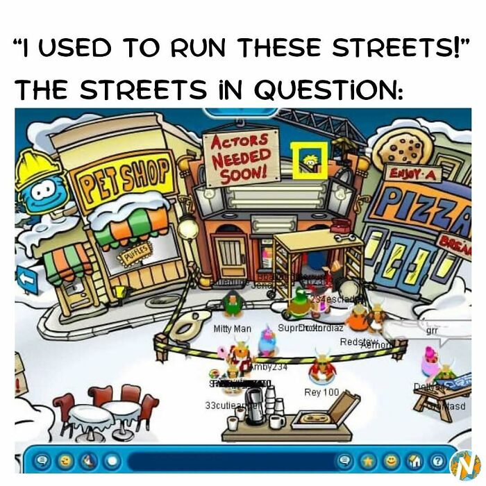 A meme showing Club Penguin, evoking 90s and 00s magic and nostalgia for online gaming.