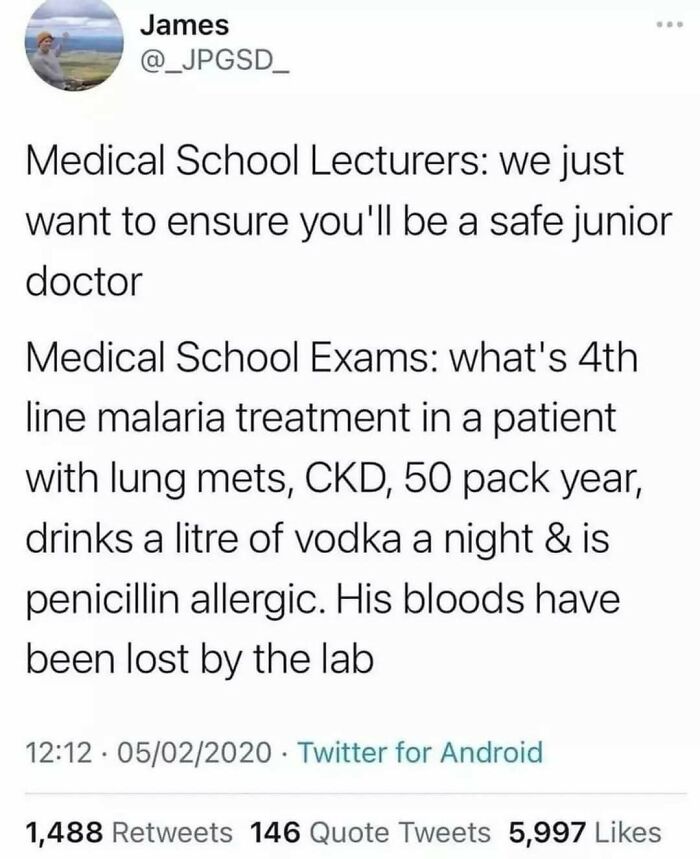 A funny medical meme, a tweet, highlighting the difference between medical school lecturers' goals and exam complexity.