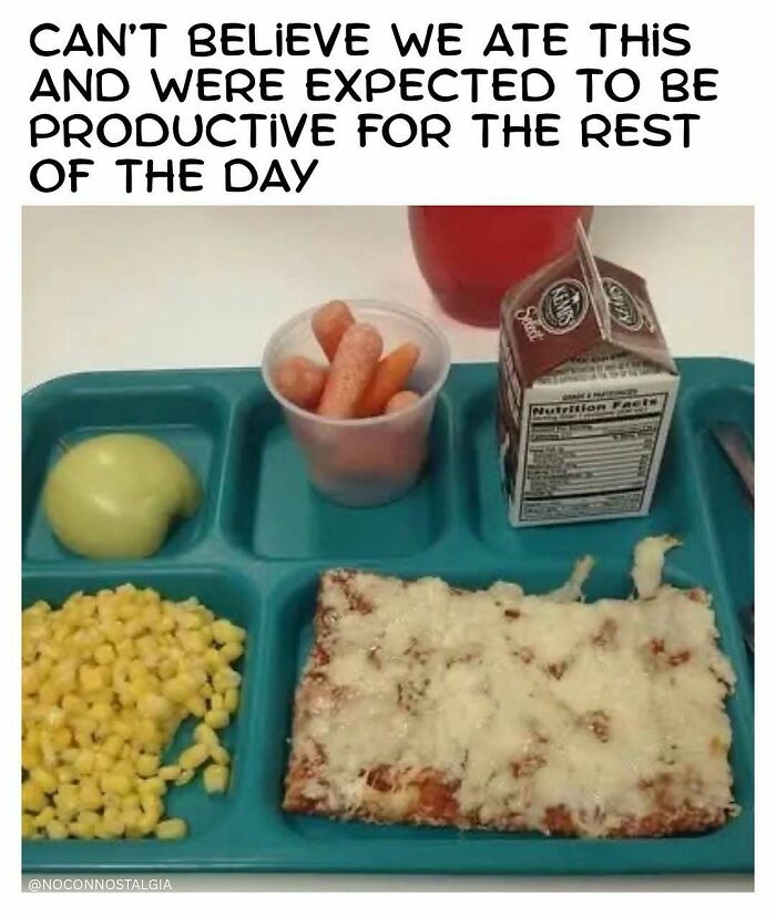 Classic school lunch tray with pizza, corn, carrots, and milk, bringing nostalgia from the 90s and 00s.