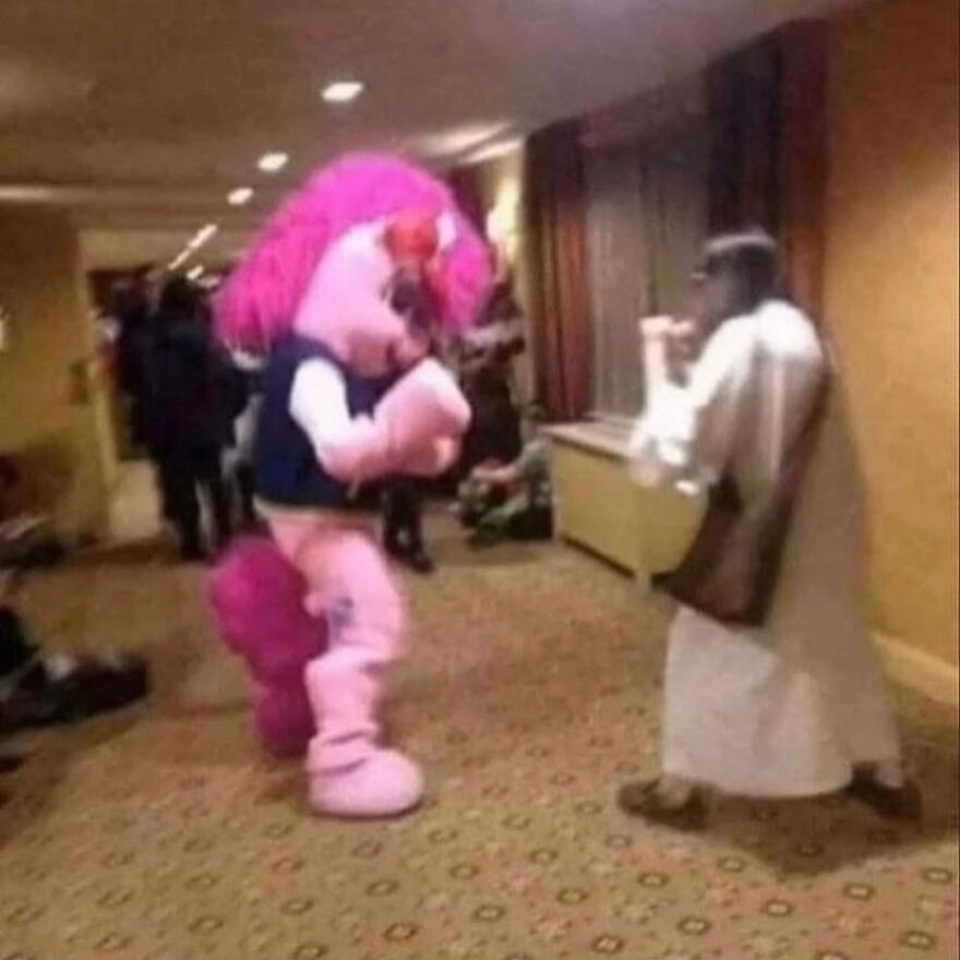 A cursed image of two people in unhinged costumes, one pink and fluffy, the other in a white robe, in a hallway.