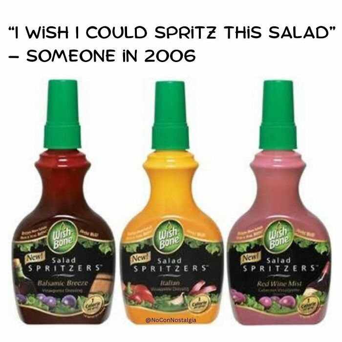 Nostalgia for the 90s and 00s: Three bottles of Wish-Bone Salad Spritzers salad dressing.