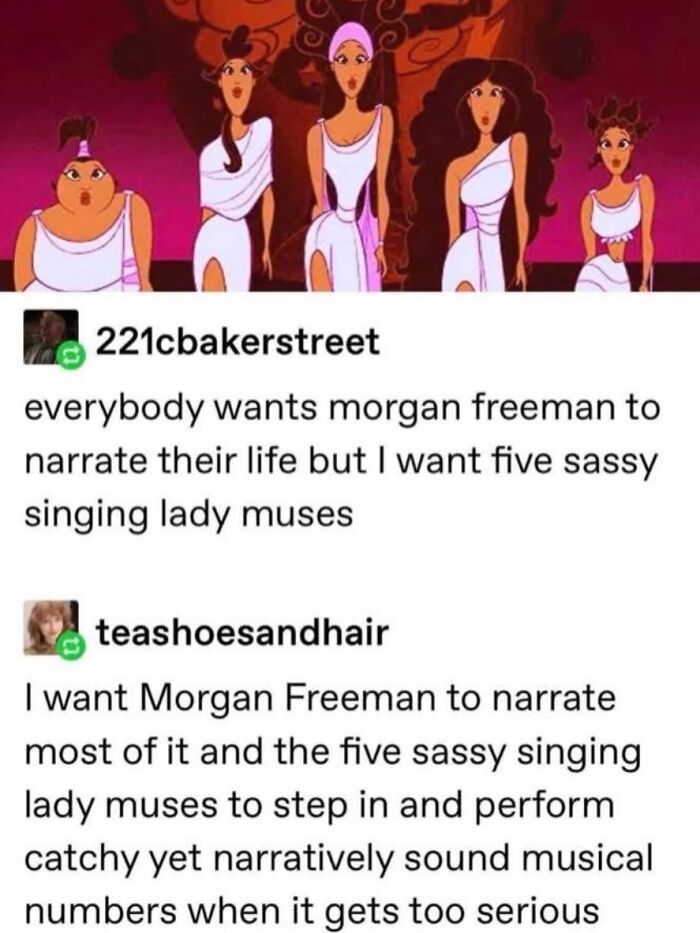 A funny Tumblr post featuring an image of five Muses from Disney's Hercules, with text about life narration.