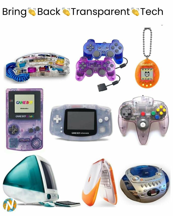 A collection of transparent tech gadgets from the 90s and 00s, including Game Boys and controllers, evoking nostalgia.