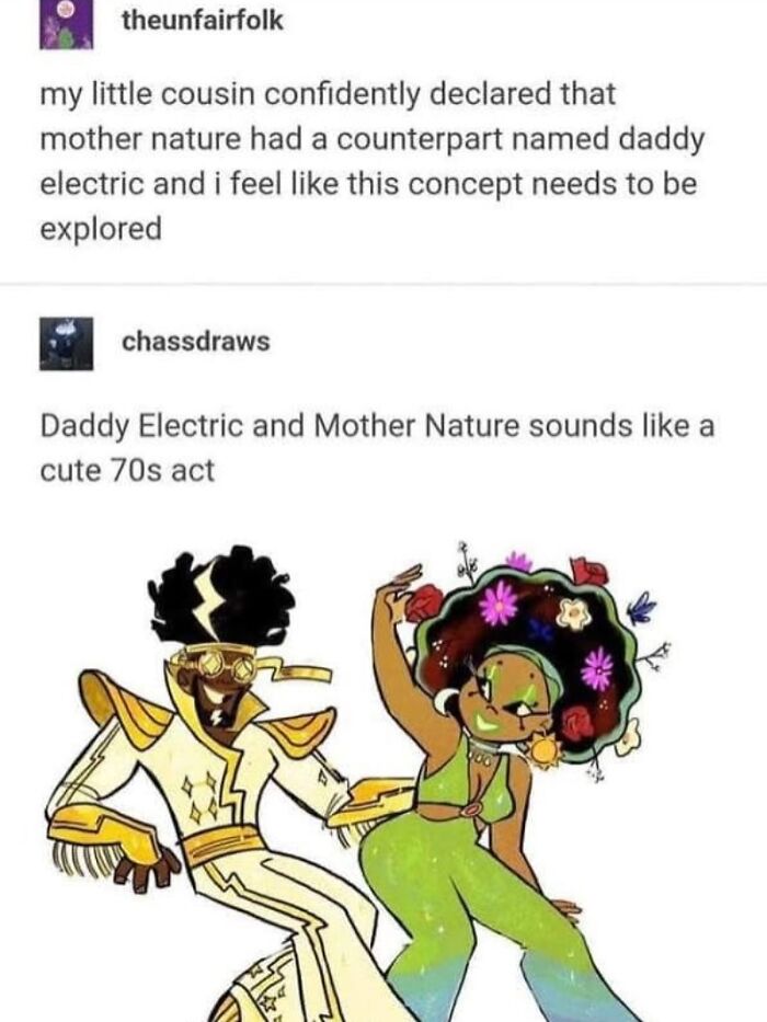 A funny Tumblr post suggesting 'Daddy Electric' as a counterpart to 'Mother Nature,' with an illustration.