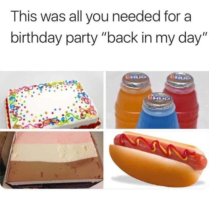 Image showing birthday party essentials: cake, drinks, and a hot dog, representing pure nostalgia gems.