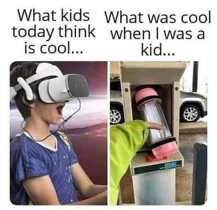 A meme comparing what kids today think is cool (VR headset) versus a retro car wash air freshener, evoking good old Saturday mornings.