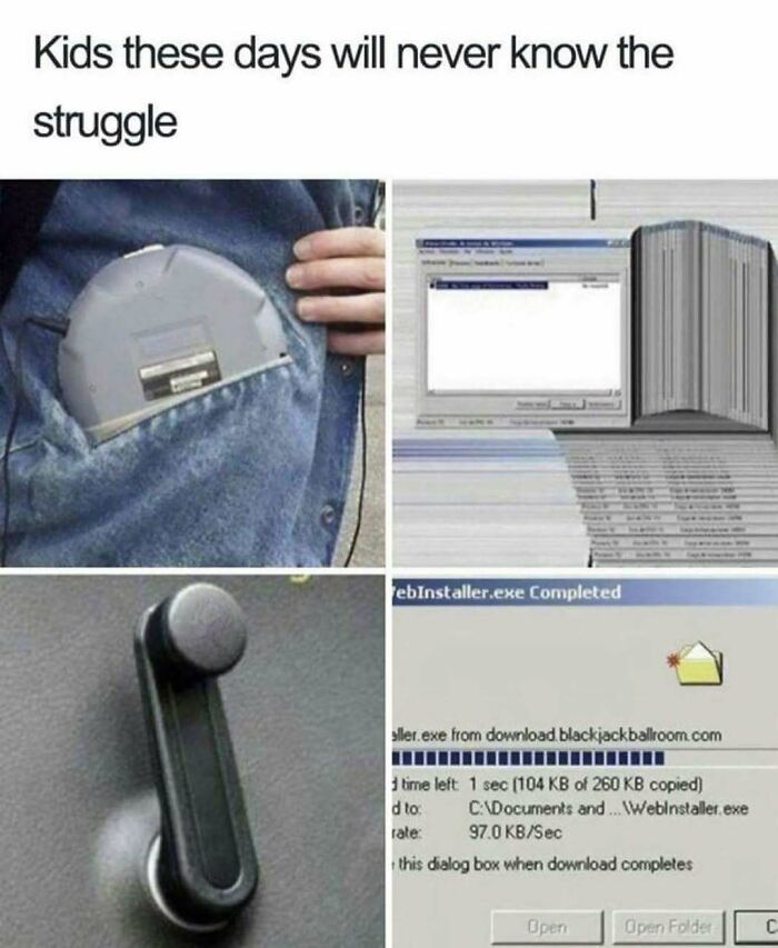 A collage of a portable CD player, computer glitches, a car window crank, and a slow download, pure nostalgia gems.