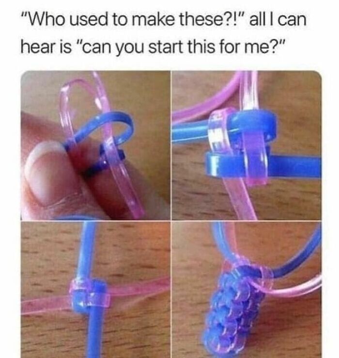 Making lanyards, a classic pure nostalgia gem, with pink and blue plastic lace, a Saturday morning craft.
