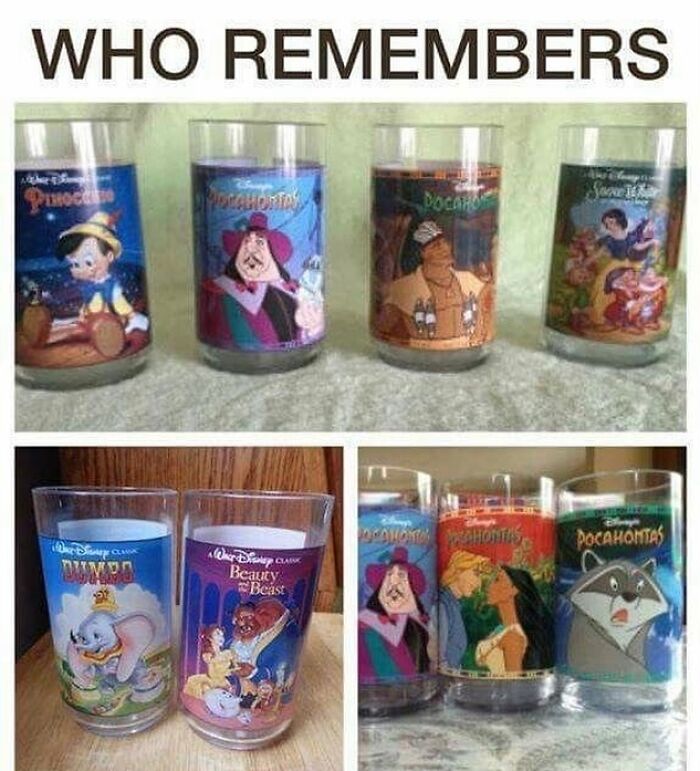 Image showing four Disney character glasses, including Pinocchio and Pocahontas, evoking pure nostalgia gems.