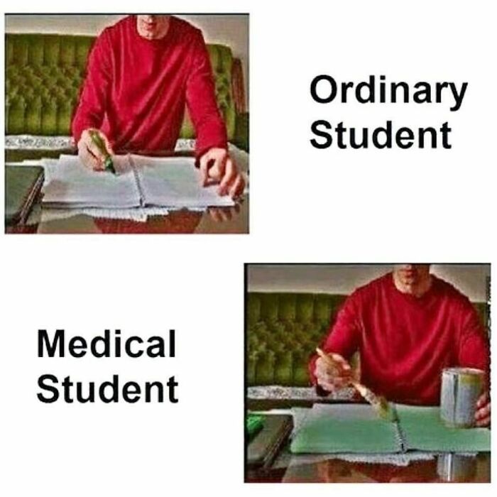 Funny medical memes comparing ordinary students with medical students highlighting their study methods.