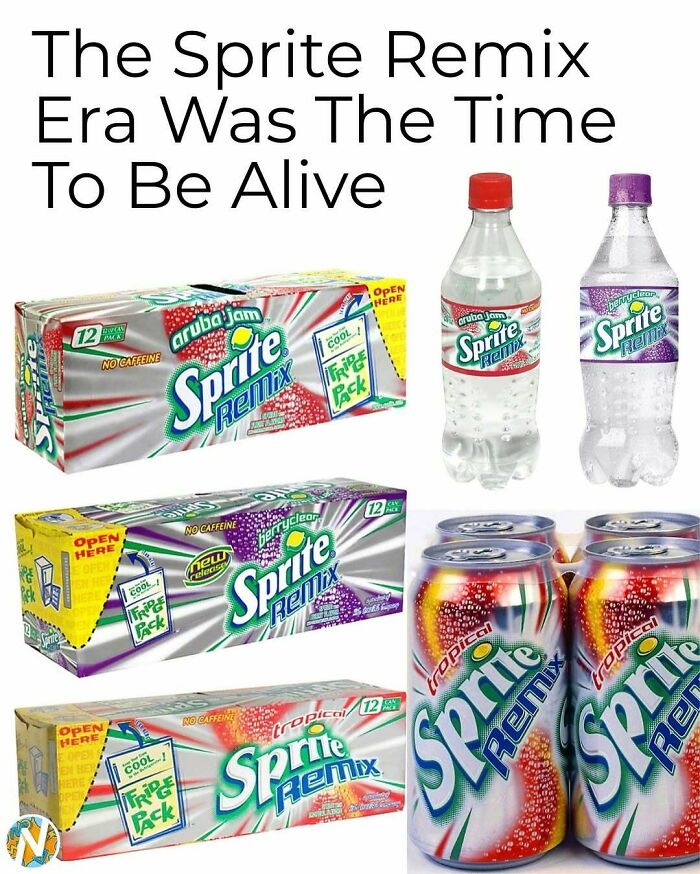 Nostalgia for the 90s and 00s: A collection of Sprite Remix soda cans and bottles.