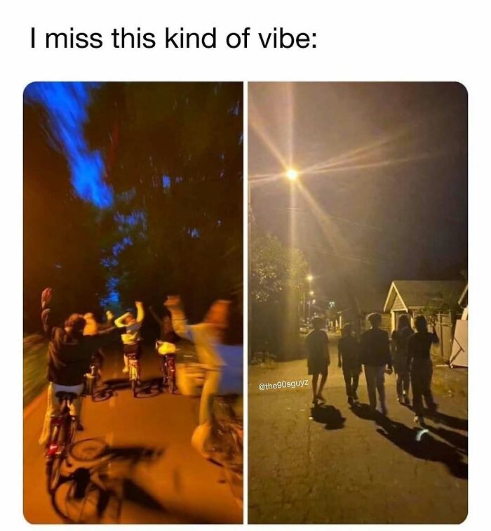 A split image showing friends riding bikes and walking at night, evoking Saturday Morning nostalgia.