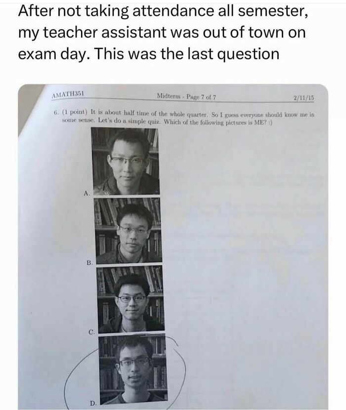 Funny Tumblr Posts: A math exam with a question asking students to identify their teacher assistant from four pictures.