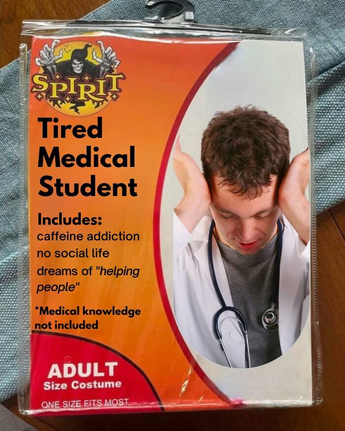 Funny medical meme featuring a 'Tired Medical Student' Halloween costume with humorous inclusions and exclusions.