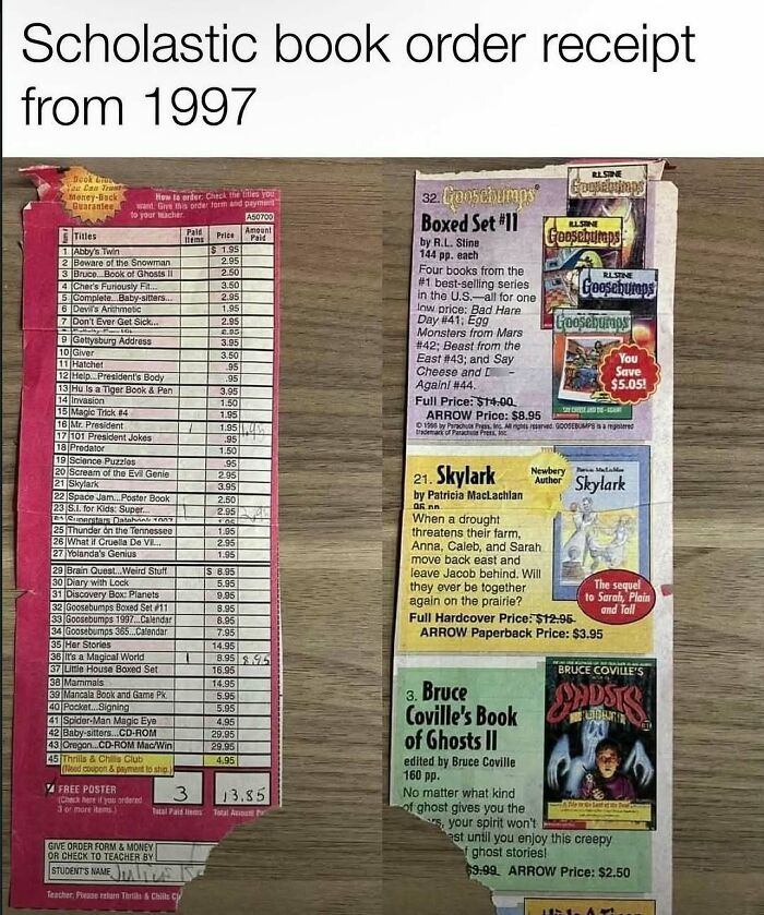 A 1997 school book order receipt listing various titles, including Goosebumps, a nostalgic item for 90s and 00s kids.