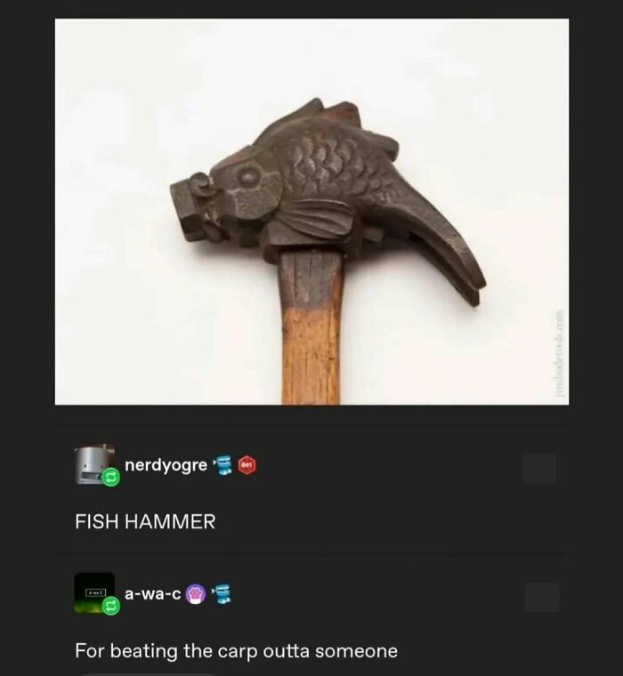 Funny Tumblr post featuring a fish-shaped hammer, humorously called a fish hammer.