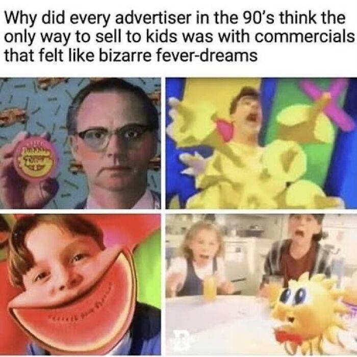 A collage of bizarre 90s commercials, pure nostalgia gems from Saturday mornings.