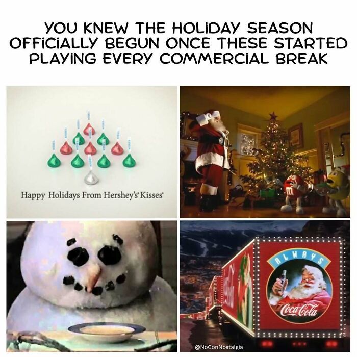 A collage of four classic holiday commercials from the 90s and 00s, including Hershey's Kisses, M&Ms, Frosty the Snowman, and Coca-Cola.