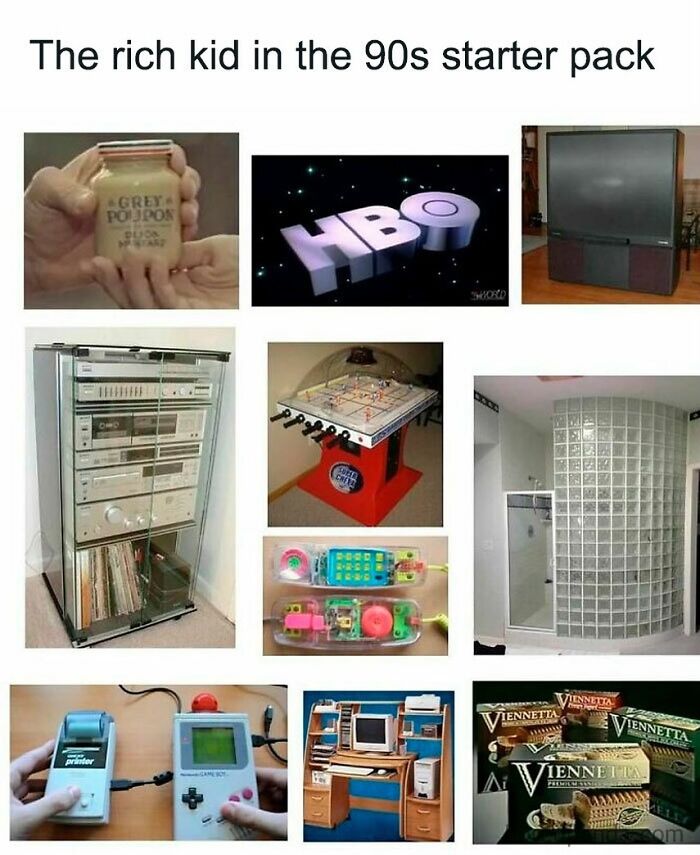A collage of 90s items including Grey Poupon, HBO logo, and a large TV, representing pure nostalgia from Saturday mornings.