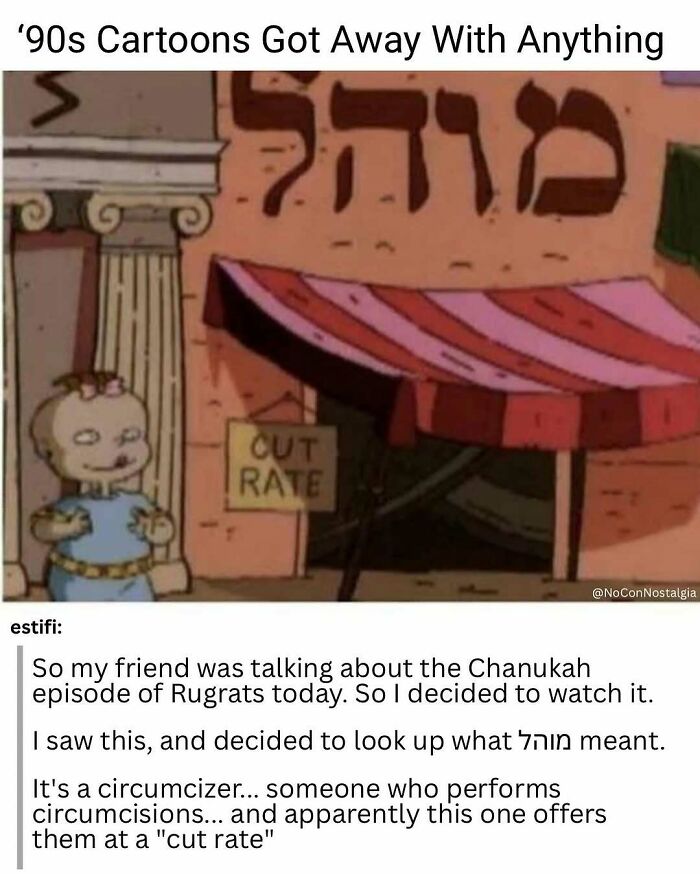 Nostalgia for the 90s and 00s: A still from a 90s cartoon, Rugrats, with a Hebrew sign and a Cut Rate sign.