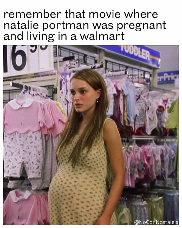 Natalie Portman as a pregnant character in a Walmart baby section, bringing '90s and '00s nostalgia.