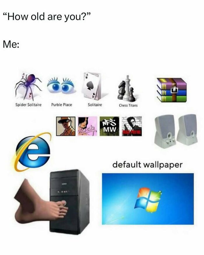 A meme with 90s and 00s computer game and software icons, evoking nostalgia for those who experienced them.