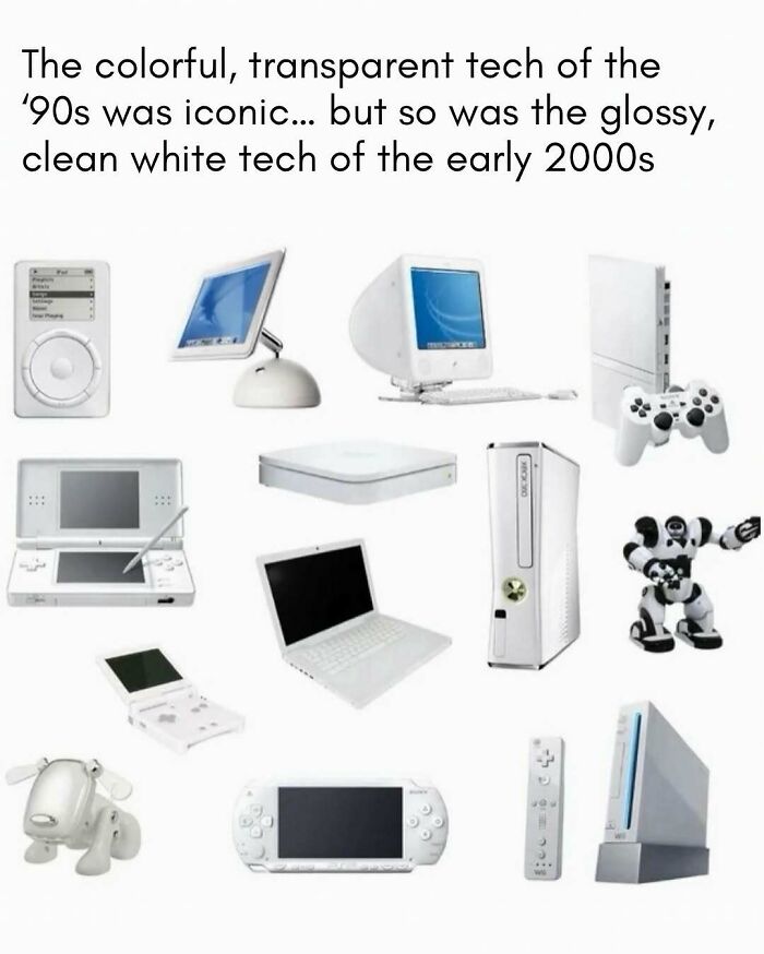 An array of iconic 90s and 00s tech, including an iPod, various computers, game consoles, and handheld devices.
