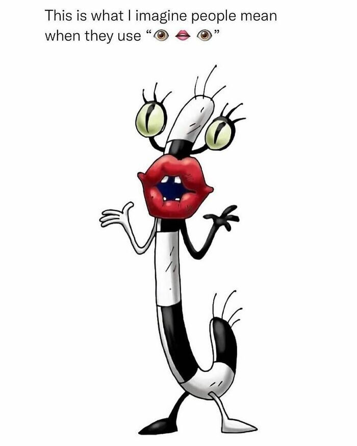 An abstract cartoon character with oversized red lips and big eyes, a quirky pure nostalgia gem.