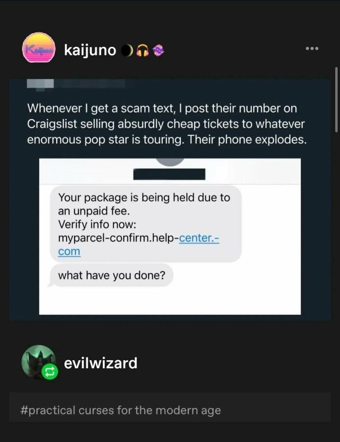 Funny Tumblr Posts: A screenshot of a text message scam and a social media post explaining a clever, funny way to retaliate against scammers.