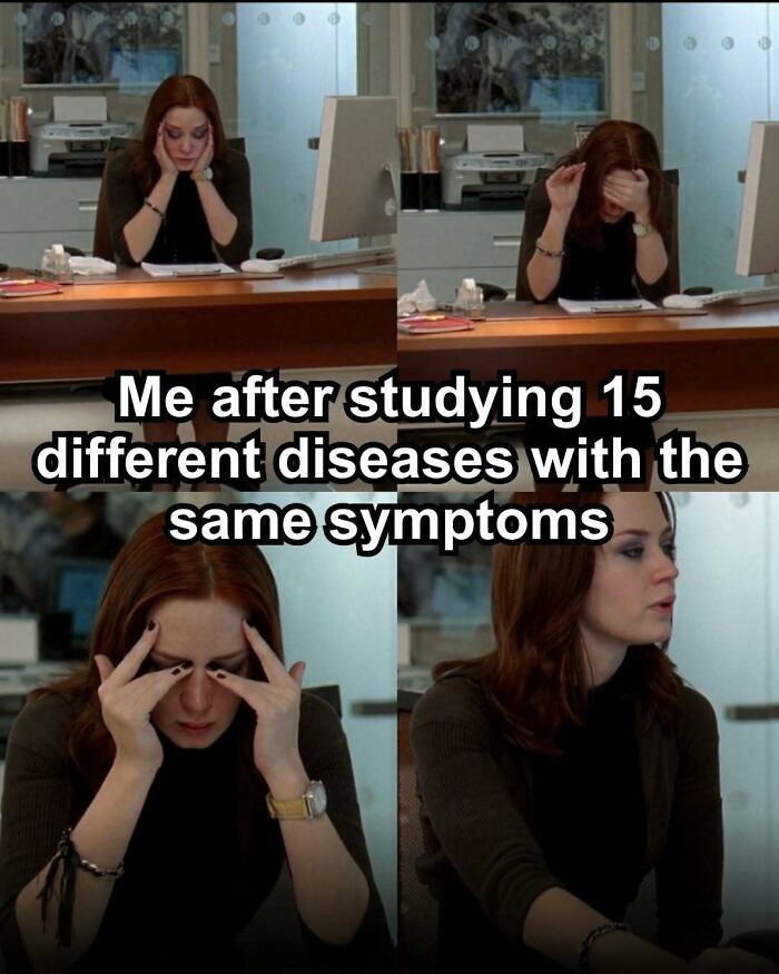 A medical meme depicting a person overwhelmed by studying many diseases with similar symptoms, a common medical school challenge.