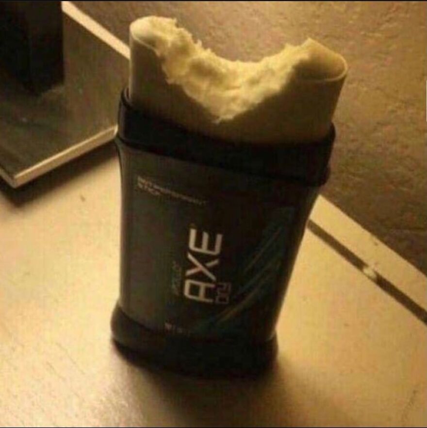 A bitten Axe deodorant stick, an unhinged image that is truly cursed.