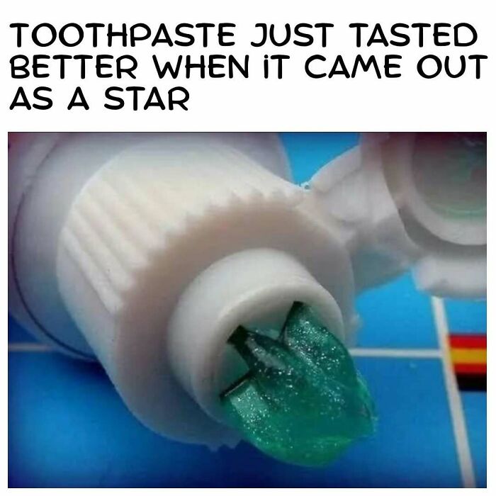 A green, star-shaped toothpaste emerging from a tube, a nostalgic '90s and '00s hygiene memory.